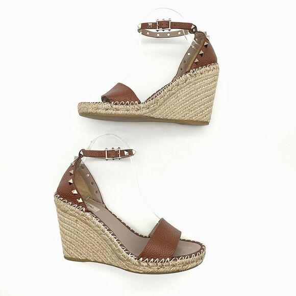 VALENTINO Brown Rockstud Espadrille Wedge Heels Size 40 Peep Sandal Ankle Strap - Picture 3 of 14